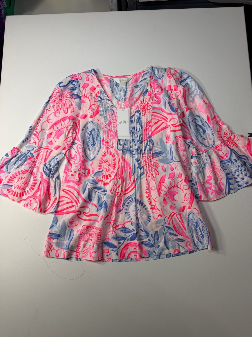 Lilly Pulitzer Hot Pink & Sky Blue Floral Bell Sleeve Blouse size 2 new w tags